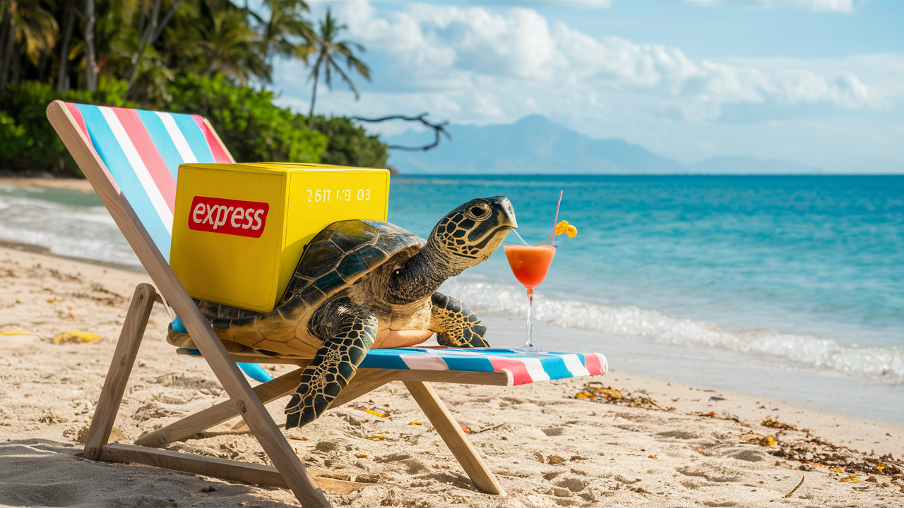 To illustrate the importance of delivery to customer satisfaction, we've chosen to use a turtle carrying the package, lying on a deckchair by the beach.